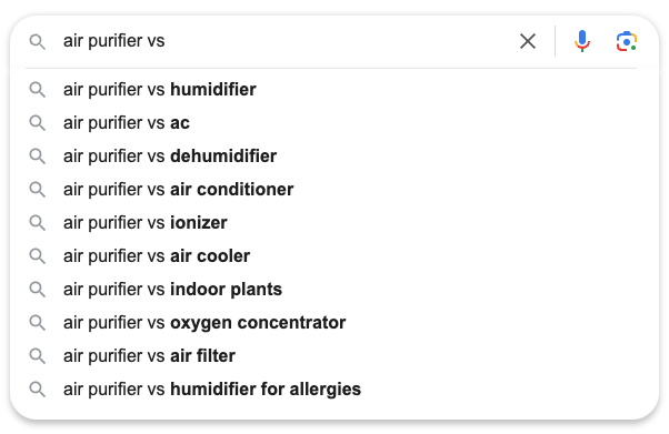 User search queries uncovering research people do before buying air purifier