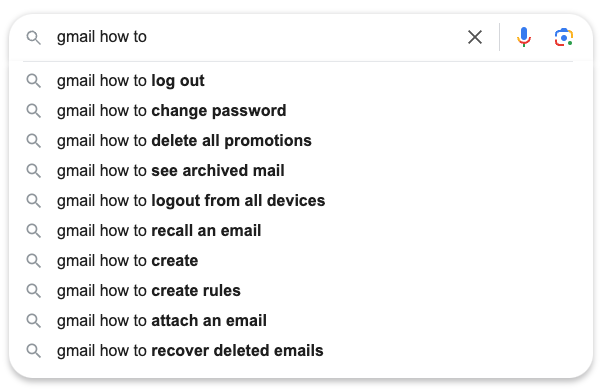 User search queries uncovering frequently asked questions around Gmail