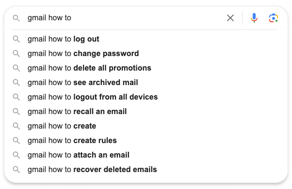 User search queries uncovering frequently asked questions around Gmail